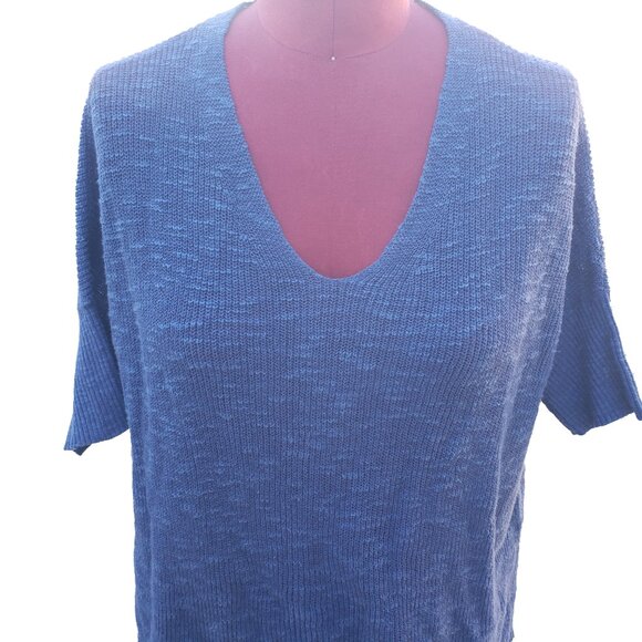 Eileen Fisher Sweater Blue Linen Knit V Neck Short Dolman Sleeve Hi Low Small - Picture 2 of 7